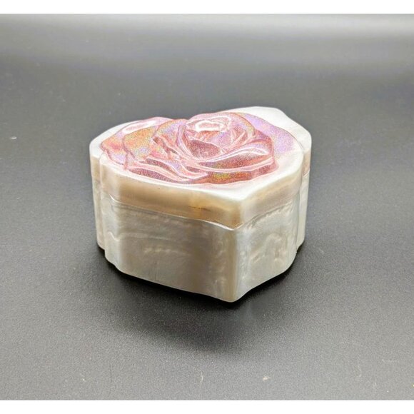 Handmade Iridescent Pink Rose Heart-Shaped Resin Trinket Box NEW - Picture 3 of 8